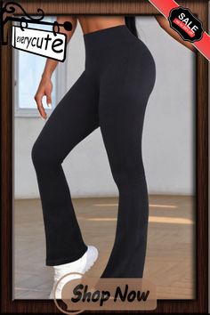 Black High Waist Tummy Control Flared Sports Pants High Waist Solid Yoga Pants For Training, Solid Color High Waist Yoga Pants For Training, Fitted Yoga Pants With Elastic Waistband For Gym, Mid-rise High Stretch Training Pants, Sporty Stretch Bottoms With Wide Waistband, High-stretch Training Pants With Wide Waistband, Stretch Sports Pants With Wide Waistband, Mid-rise High Stretch Pants For Training, High Waist High Stretch Sports Pants