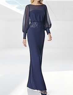 Sheath / Column Evening Dresses Minimalist Dress Wedding Guest Floor Length Long Sleeve Illusion Neck Chiffon with Sequin 2022 / Formal Evening / Sparkle & Shine / See Through Long Sleeve Wedding Guest Dresses, Áo Blu, Fall Wedding Guest, Evening Dresses Online, Fall Wedding Guest Dress, Cheap Evening Dresses, Minimalist Dresses, Illusion Dress, Long Sleeve Wedding