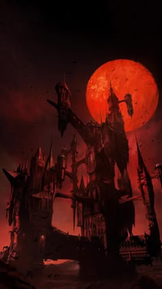 an image of a castle in the sky at night with blood moon and bats flying over it