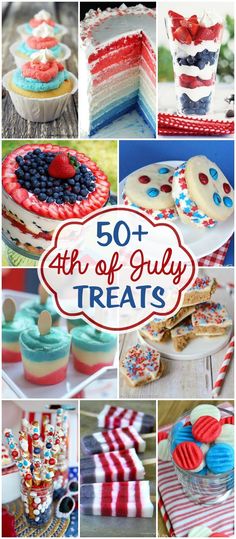 the cover of 50 + 4th of july treats, including patriotic desserts and cupcakes