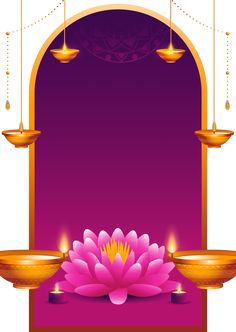 a pink flower with candles on it and an arch in the background that says happy diwali