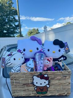 hello kitty stuffed animals are in a basket on the back of a car with other toys