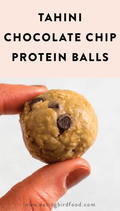 a hand holding a chocolate chip protein ball in front of the words tahini chocolate chip protein balls