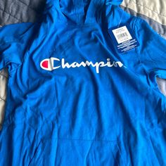 Nwt: Long Sleeve Hooded T Shirt Champion Blue. Hooded Long Sleeve Shirt, Champion Shorts, Hooded Tee, Layered Long Sleeve, Champion Shirt, Black Long Sleeve Top, Champion Hoodie, Athletic Shirts, Boys Shirts