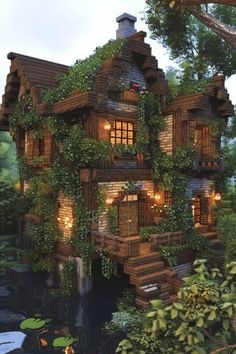 the house is made out of wood and has plants growing on it's roof