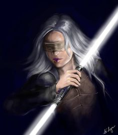 a painting of a woman with white hair holding a light saber in her right hand