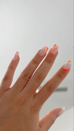 Orange Swirly Nails, Orange Wave Nails, Trendy Orange Nails Short, Orange And White Short Nails, White Nails With Orange Tips, Hoco Nails For Orange Dress, Neon Orange And White Nails, Square Nail Designs Orange, White With Orange Nails