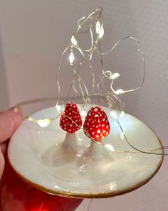 a person holding a plate with some red and white polka dot decorations on top of it