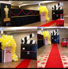 three pictures of popcorn boxes and red carpeted area with black drapes on them