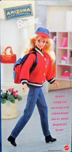 a barbie doll is wearing a red jacket and blue jeans