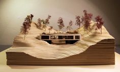 a model of a house on top of a mountain with trees growing out of it