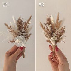 two pictures of the same flower being held by someone's hand, one is white and the other has dried flowers