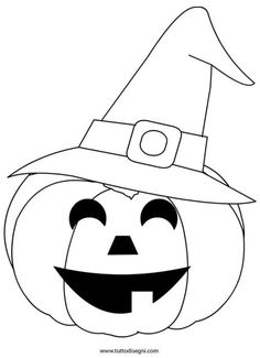 a black and white drawing of a pumpkin wearing a witches hat