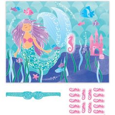 an image of a mermaid in the ocean with fish and seahorses on it