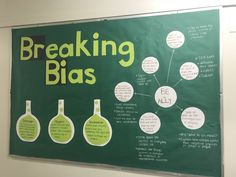 a green bulletin board with words and pictures on it that say breaking bias in different languages