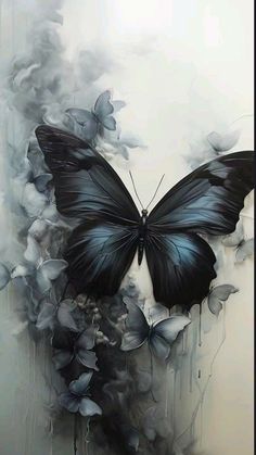 a painting of a black butterfly with white flowers on it's back and wings