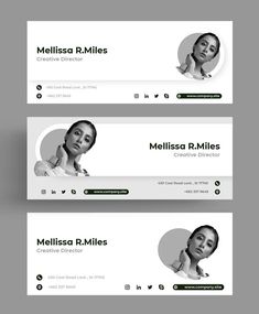 three horizontal banners with the same woman's profile and name in black and white