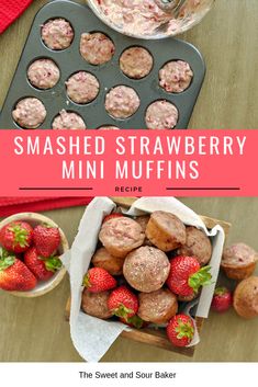 strawberry muffins in a muffin pan with strawberries on the side and another muffin