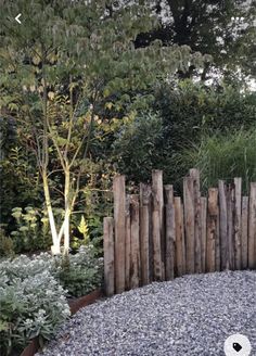 a wooden fence surrounded by gravel and plants