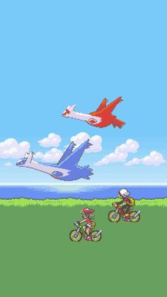 two people riding bikes in front of an airplane and another person on a motorbike