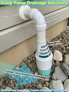 the pump drainage solution is attached to the side of a house with rocks around it