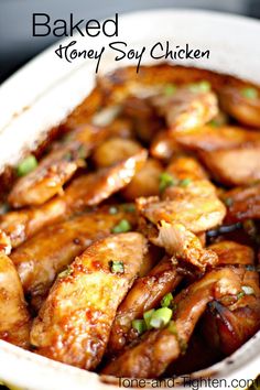 baked honey soy chicken in a white dish