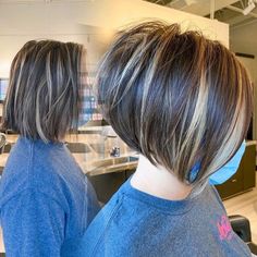 Bright Short Stacked Inverted Haircut Stacked Bob Balayage, Angled Bob Haircuts 2023, Short Bob With Thick Hair, Medium Inverted Bob Haircut With Layers, Chin Length Stacked Hair, Stacked Short Bob Haircut, Bob Back View Short, Back Of Bob Haircut Stacked, Modern Stacked Bob