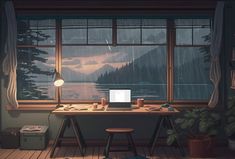 a desk with a laptop on it in front of a large window overlooking the mountains