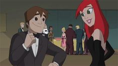 an animated image of a man and woman in formal wear