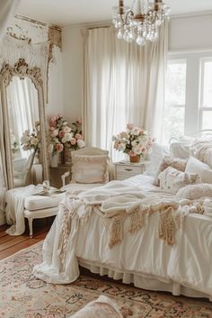 a white bed sitting in a bedroom next to a window