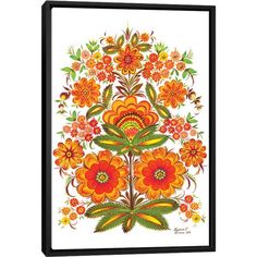 an orange and yellow flower arrangement on white paper with black border, framed in wood frame