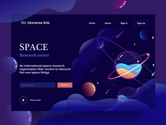 the landing page for space research center, an international space research organization that involves discovery of planets and stars