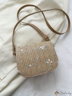 BirdinBag - Floral Embroidered Straw Saddle Bag: Womens Vacation Mini Crossbody Casual Embroidered Shoulder Bag, Summer Straw Shoulder Bag For Errands, Travel Embroidered Beige Shoulder Bag, Embroidered Beige Shoulder Bag For Travel, Trendy Embroidered Beige Bag, Trendy Embroidered Beige Shoulder Bag, Trendy Beige Embroidered Shoulder Bag, Embroidered Straw Bag For Summer, Embroidered Brown Vacation Bag