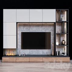 modern living room with fireplace and entertainment center in black and white color scheme, 3d rendering