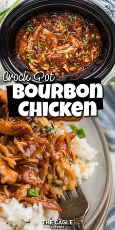 crock pot bourbon chicken on a plate with rice and garnish