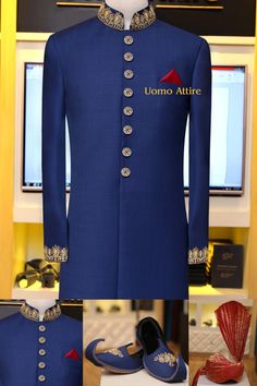 Description "Uomo Attire Summer Wedding Collection in Tropical Fabric" Blue Sherwani For Wedding, Blue Fitted Sherwani For Groom, Fitted Blue Sherwani For Groom, Royal Festive Wedding Kurta, Blue Luxury Wedding Sets, Luxury Blue Wedding Sets, Royal Kurta For Eid Wedding, Royal Kurta For Wedding And Eid, Royal Wedding Kurta For Eid