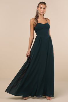 Forget dressing to the nines, because when you slip on the Lulus Exuding Excellence Dark Teal Sleeveless Bustier Maxi Dress you'll always be a ten! Airy woven chiffon shapes this event-ready dress that falls from adjustable spaghetti straps into a sweetheart neckline and a bustier-inspired bodice with seamed, lightly padded cups. Basque-style waist features light gathering at the sides as it continues into a cascading, A-line maxi skirt. Hidden back zipper/clasp. Fit: This garment fits true to s Teal Maxi Dress, Dressed To The Nines, Adhesive Bra, Bustier Dress, The Nines, Dark Teal, Sleeveless Maxi Dress, Large Size Dresses, Full Skirt