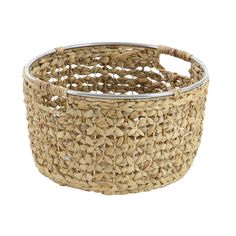 a woven basket with metal handles on a white background