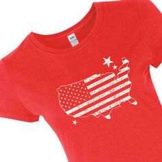 Celebrate your love for your country with this cute and comfy patriotic tee! It features an American flag inside an outline of the United States with stars around. Sport it for the Fourth of July, it'll look great at the parade, at the picnic and during the fireworks show. It's also perfect for Memorial Day and other patriotic events and holidays, as well as just any time you want to show your pride in the USA! © OTC

o Fits sizes 8-10
o Brand: Anvil
o Short sleeve
o 100% pre-shrunk co Patriotic Tees, The Picnic, Fireworks Show, Tshirt Design Men, The Fourth Of July, American Flag Shirt, Patriotic Shirts, American Shirts, Neon Colors