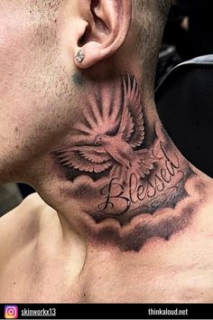 a man with a tattoo on his neck has the words believe and an eagle behind him