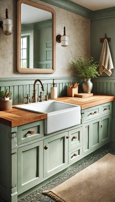 a bathroom sink sitting under a large mirror next to a wooden counter top in front of a window