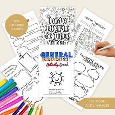 the general conference coloring book is shown with colored pencils and crayon pens