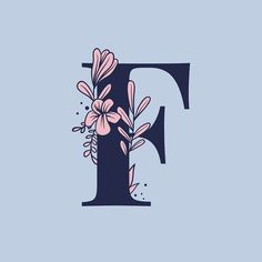 the letter f with flowers and leaves on it's lowercase is shown in blue