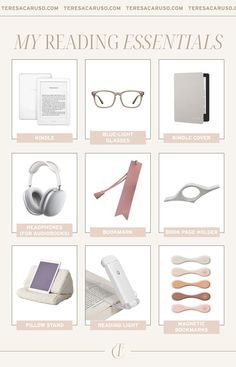 an info sheet for reading essentials including headphones, eyeglasses and books