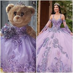 a teddy bear dressed in a purple dress and wearing a tiara with flowers on it