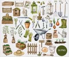 watercolor gardening clipart set with garden tools, plants and other things to grow