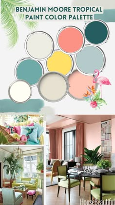 the color scheme for this tropical themed living room