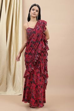 Red pre-draped ruffle saree with jungle print. Paired with coordinating line hand embroidered blouse. - Aza Fashions Hand Embroidered Blouse, Draped Saree, Geometric Sleeve, Ruffle Saree, Drape Saree, Jungle Print, Blouse For Women, Indian Fashion Designers, Pernia Pop Up Shop