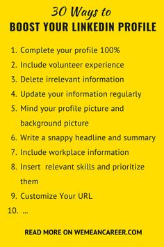 a yellow poster with the words 30 ways to boot your linkedin profile