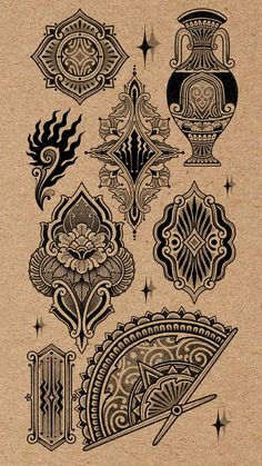 an image of some art nouveau designs on a piece of brown paper with black ink